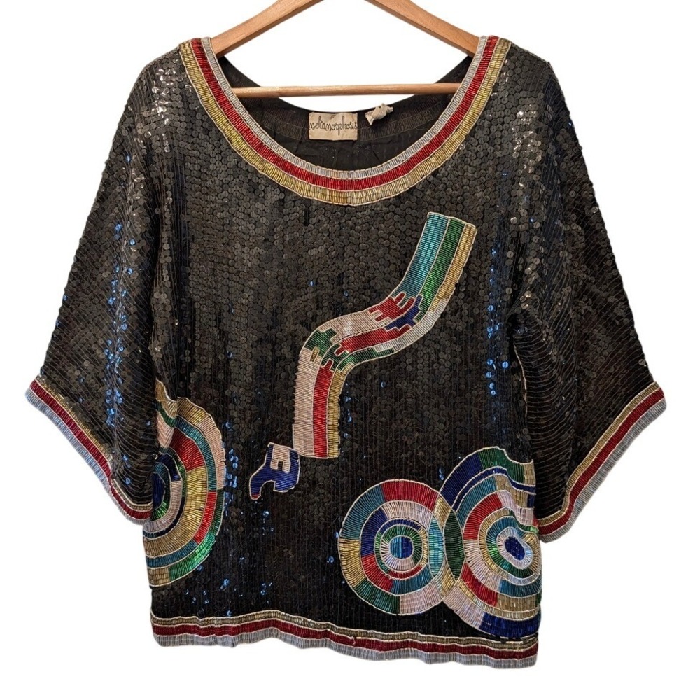 Metamorphosis Vintage 80s Beaded Sequin Silk Top Black Multi Color Abstract L